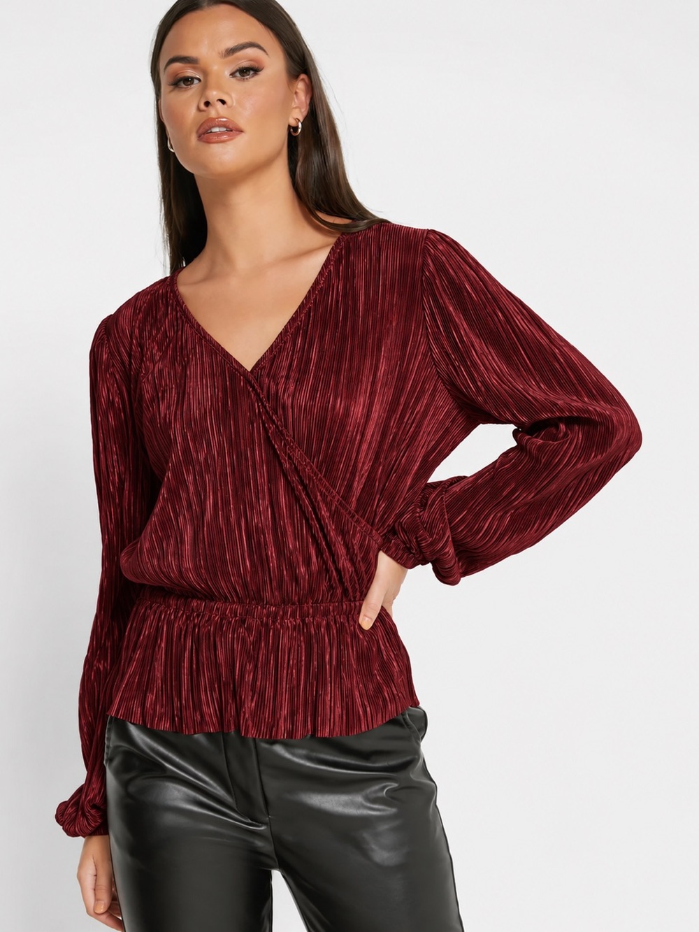 Banana Republic Long Sleeve Shine Peplum Wrap Top in Burgundy.